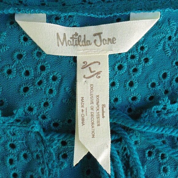 MATILDA JANE Tunic, L, Teal, Swiss Dots, Eyelet Yoke, Long sleeves, Tie neck - Picture 11 of 15